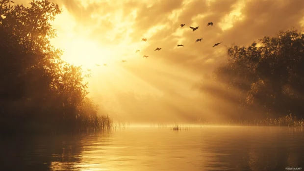 Low clouds scatter the golden rays as birds skim across the waters surface.