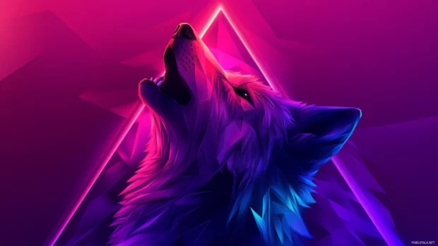Low poly illustration of a howling wolf set against a neon triangle in vaporwave style.