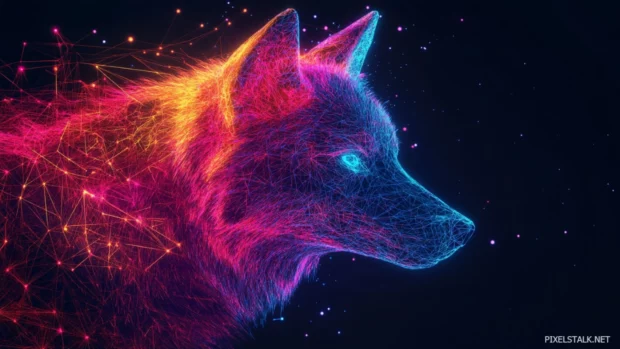 Low poly wolf head glowing with RGB neon effects over a dark tech grid.