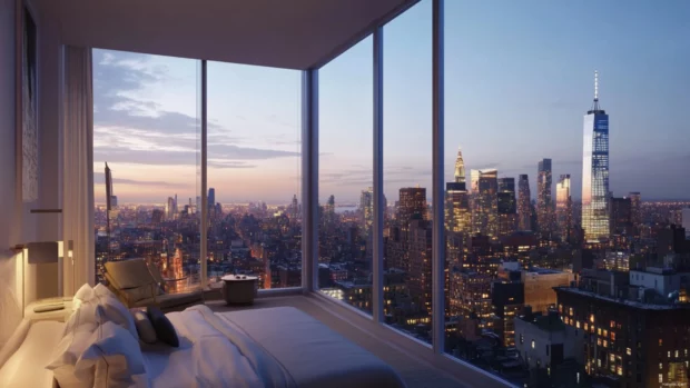 Luminous towers stand tall over the New York City landscape.