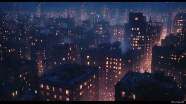Luminous windows scattered across the Nighttime Cityscape.