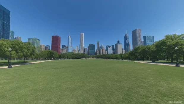 Lush Grant Park greenery frames vibrant summer Chicago skyline under clear blue sky.