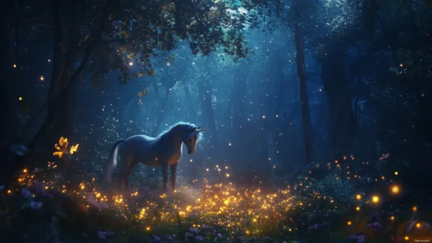 Lush magical forest lights dance around a unicorn in this Unicorn Wallpaper 4K.