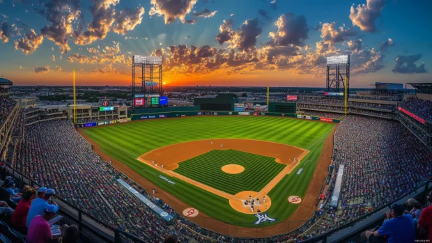 MLB stadium aerial view at sunset, baseball wallpaper ready.