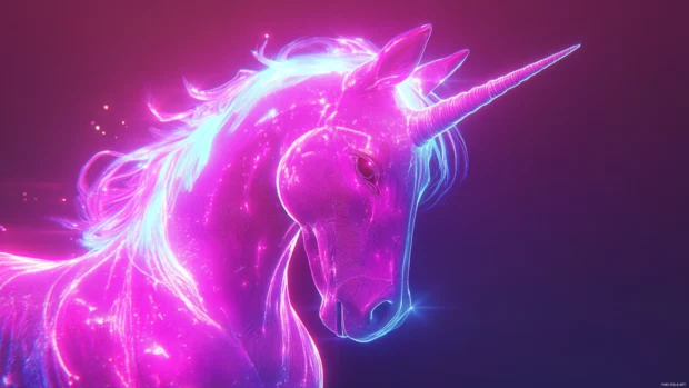 Magenta and cyan neon arcs crown a unicorn in this Unicorn neon vibes.