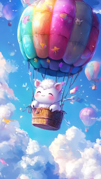 Magical Kawaii Cow floating gently in a hot air balloon.