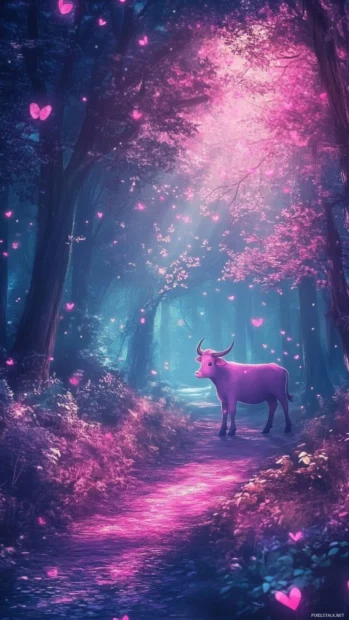 Magical forest path with cow from Kawaii Pink Cow background.
