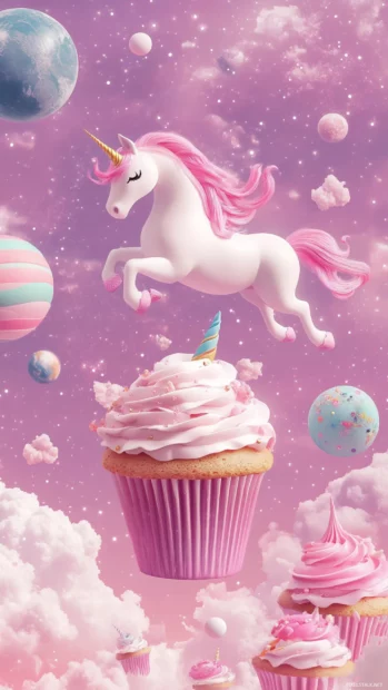 Magical kawaii unicorn art where unicorns float in cupcake planets.