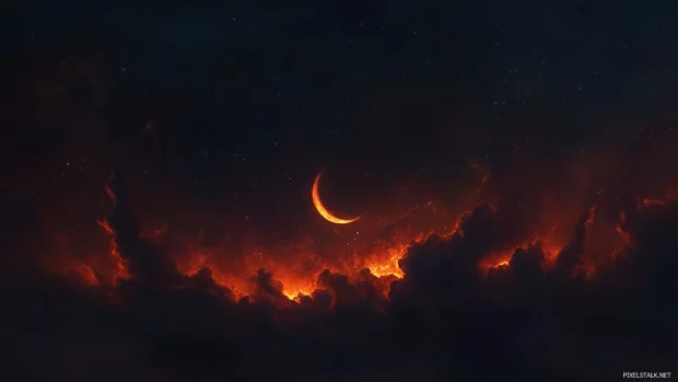 Magical night sky, crescent moon glows, scattered stars, subtle clouds.