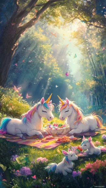 Magical picnic scene with unicorns in this Magical kawaii unicorn art.