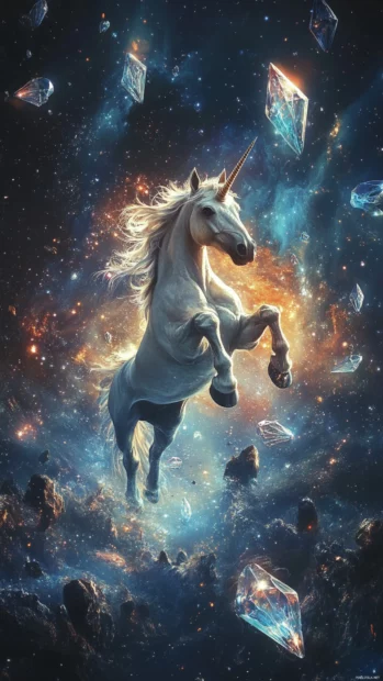 Magical scene of a unicorn in space with orbiting crystals.