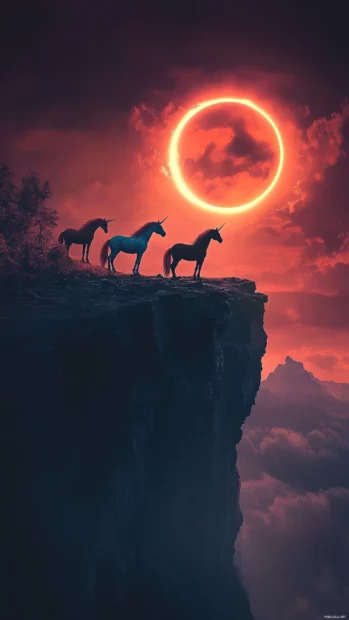 Magical silhouettes of unicorns on a cliff edge during a glowing eclipse.