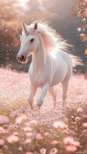 Magical unicorn walking gently through a field of pink daisies.