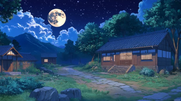 Majestic Anime sky at night, full moon casts soft glow on landscape, twinkling stars.