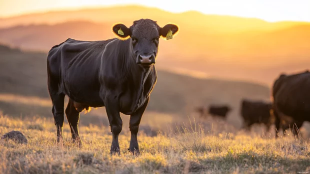 Majestic cow on a hillside during golden hour.