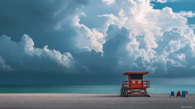 Miami Beach scene with lifeguard tower, dramatic sky, and ocean.