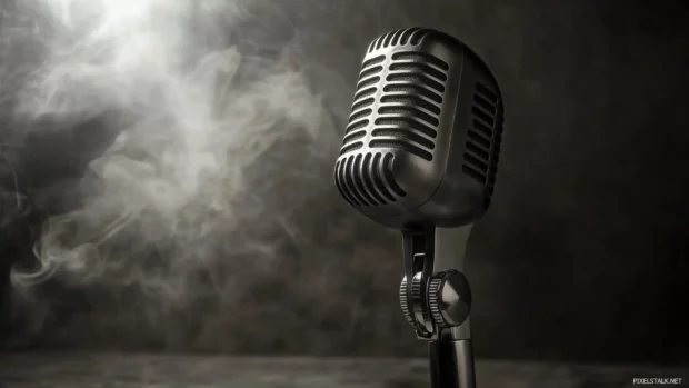 Microphone in spotlight on stage with ambient fog.