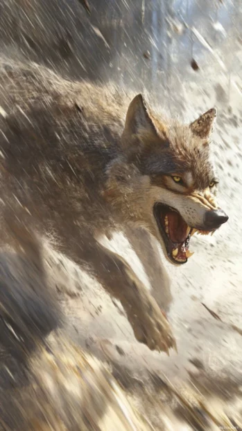 Mid air wolf leap with motion blur and intense gaze for running wolf wallpaper.