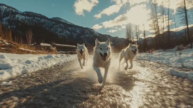 Mid run movement shot of wolves sprinting toward camera with snow spray flying.