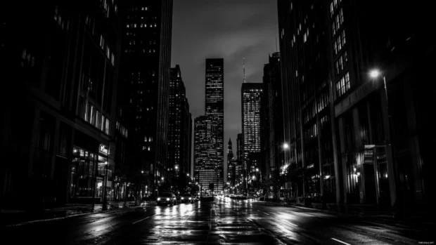Midnight black city wallpaper featuring towering skyscrapers and dimly lit streets.
