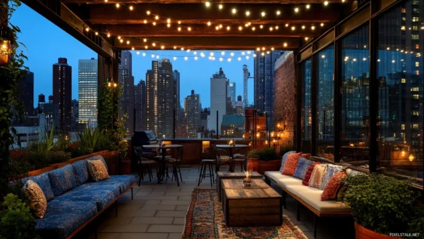 Midtown Manhattan glows with the first light of day as seen from a rooftop.