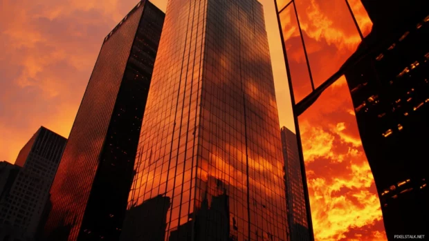 Midtown buildings mirror a fiery sky at sunrise in New York City.