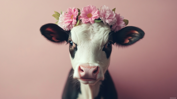 Mini cow with flower crown smiling in this Cute cow face wallpaper for girls.