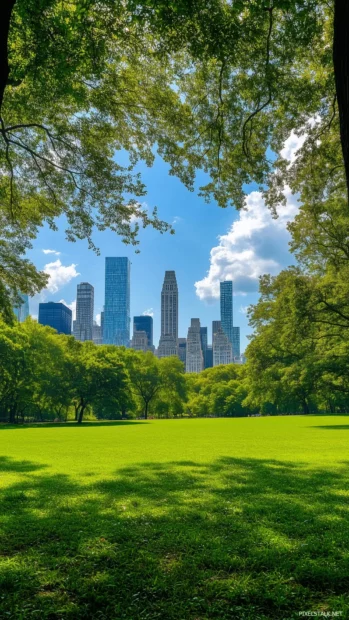 Minimal Central Park lawns, city skyline softly seen in backdrop.