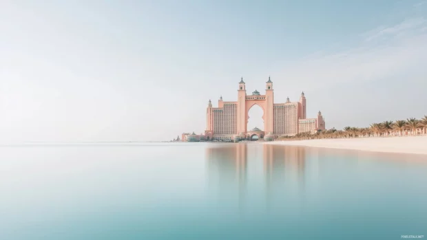 Minimal Palm Jumeirah, sharp palm design, encircling ocean.