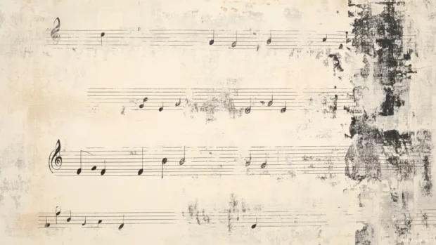 Minimal black notes on clean cream white sheet inspired by Antique sheet music display.