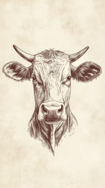 Minimal cow head on a soft beige background as cow sketch wallpaper for iPhone.