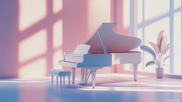 Minimal piano in sunlight with soft shadows designed with inspiration from Realistic instrument wallpaper HD.