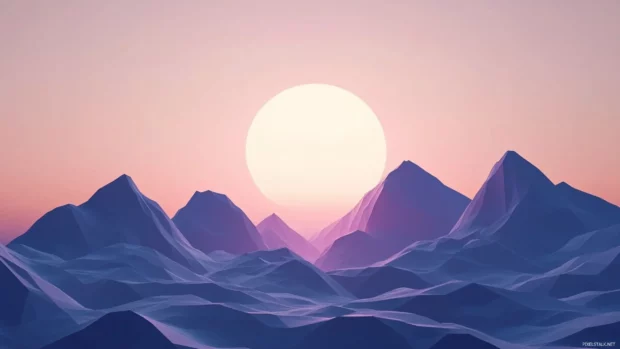 Minimalist art of a sun rising behind geometric hills.