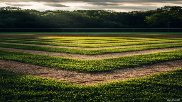 Minimalist art style baseball field, clean lines and geometric grass patterns creating an elegant aesthetic .
