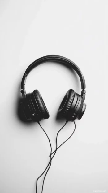 Minimalist black headphones lying on a white desk with visual depth inspired by Minimalist music wallpaper for iPhone.