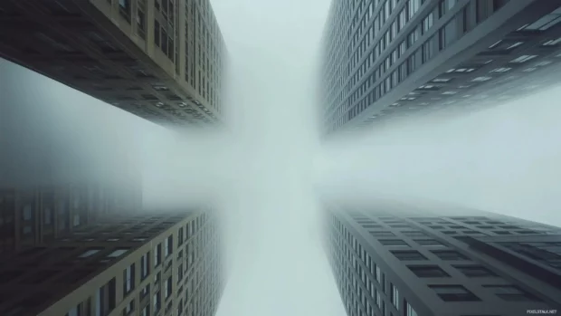 Minimalist cityscape with tall buildings under a soft.