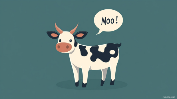 Minimalist cute cow with speech bubble saying Moo.