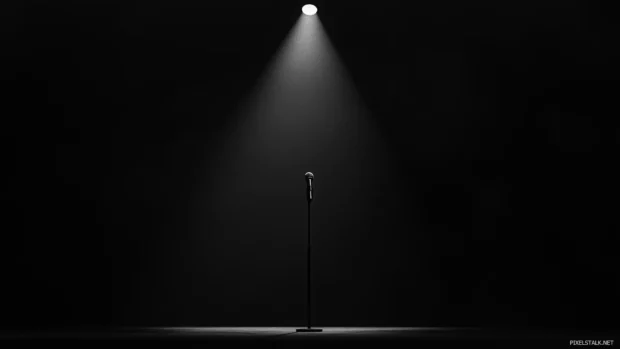 Minimalist image of a single microphone standing on a stage, illuminated by a single spotlight in an otherwise dark theater.