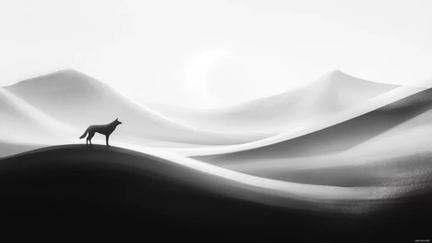 Minimalist landscape featuring a wolf under a crescent moon, captured in a black and white palette.