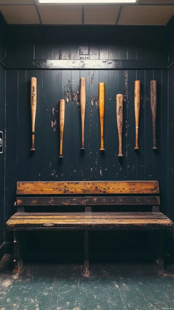 Minimalist locker room with old bats aesthetic baseball wallpaper.
