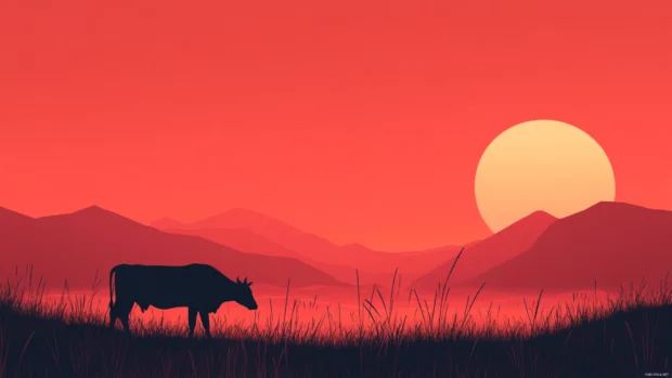 Minimalist pasture aesthetic in this Aesthetic cow wallpaper for phone with a grazing cow.