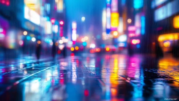 Minimalist rainy cityscape with blurred neon lights reflecting off wet pavement.