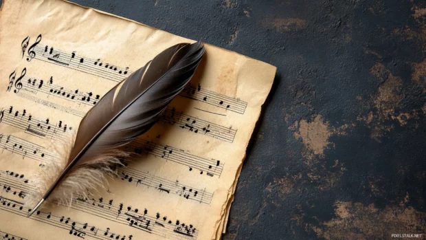 Minimalist sheet music background, Antique music page next to a feather quill.