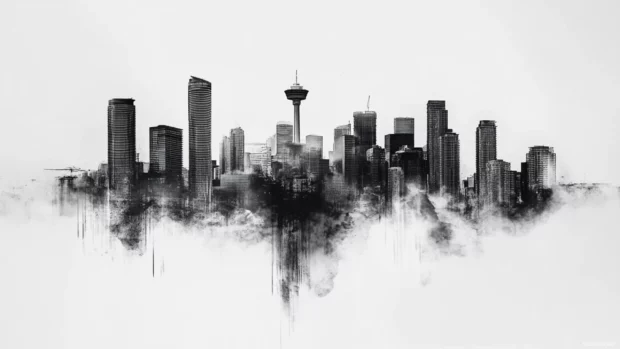 Minimalist skyline details in high contrast black and white city wallpaper.