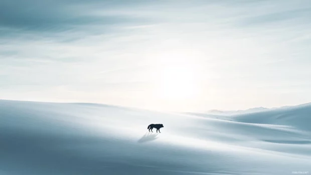 Minimalist snow field with tiny silhouette of a black wolf walking toward the horizon.