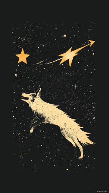 Minimalist vertical artwork of a happy wolf riding a shooting star.