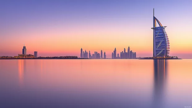 Minimalist view of Dubai skyline at sunset, soft colors, landmarks like Burj Al Arab.