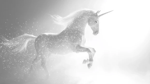 Minimalist white unicorn background featuring small stars and subtle shadows.