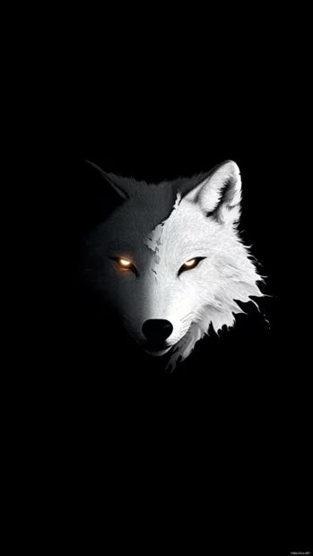 Minimalist white wolf in silhouette with only glowing eyes and faded breath visible in darkness.