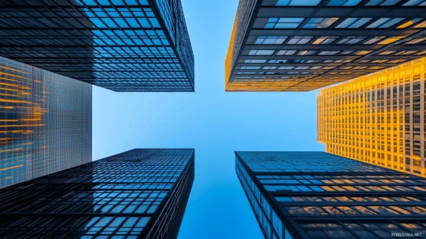Minimalistic view of tall city buildings with a clear blue sky.